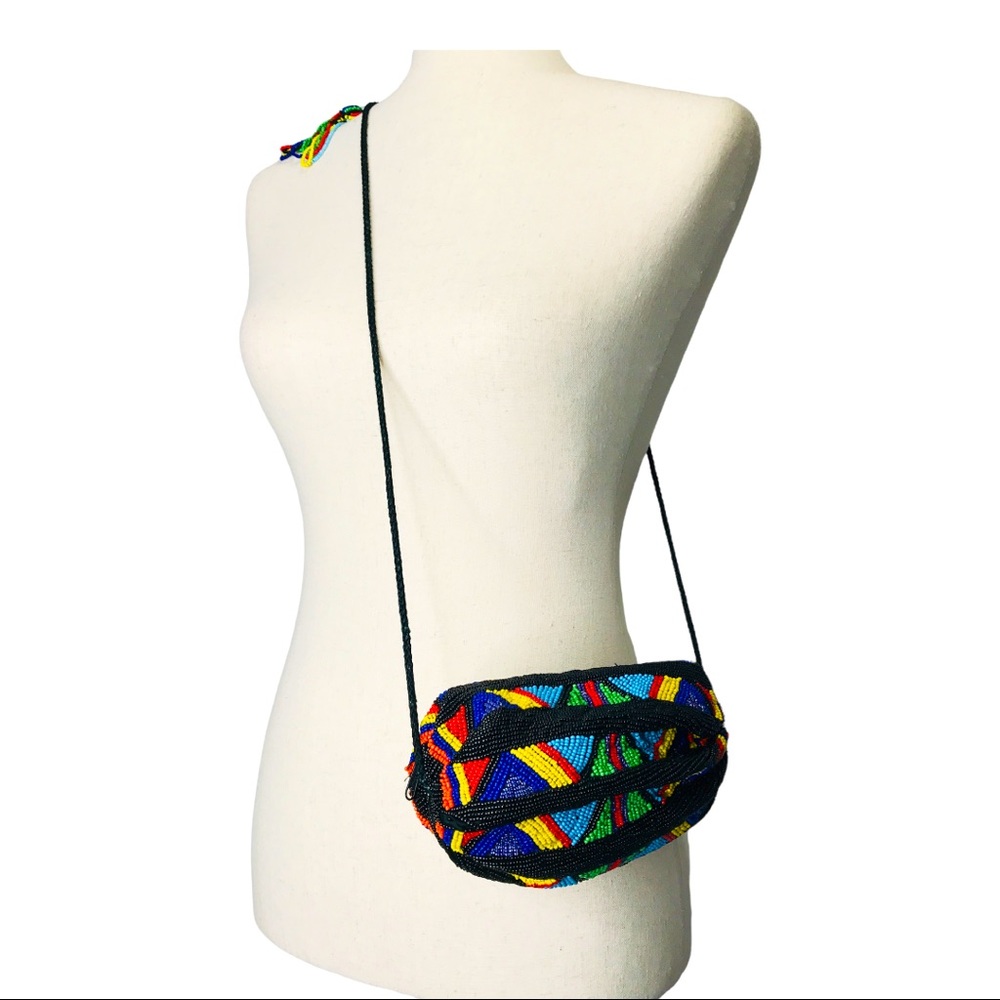 Vintage Mini Purse Shoulder Bag Beaded Colorful Geometric African Tribal Zipped